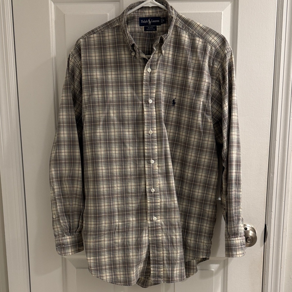 Ralph Lauren Men's Plaid Shirt - Gray and Cream